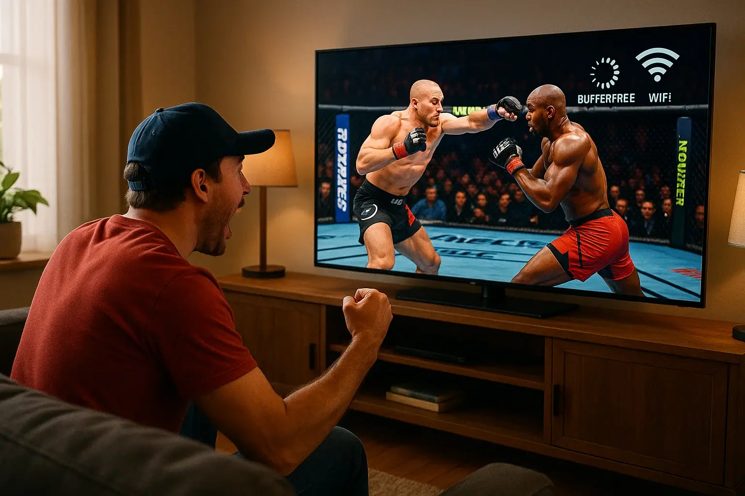 Excited MMA fan streaming a UFC fight on a large TV with a clear, HD display and no buffering.