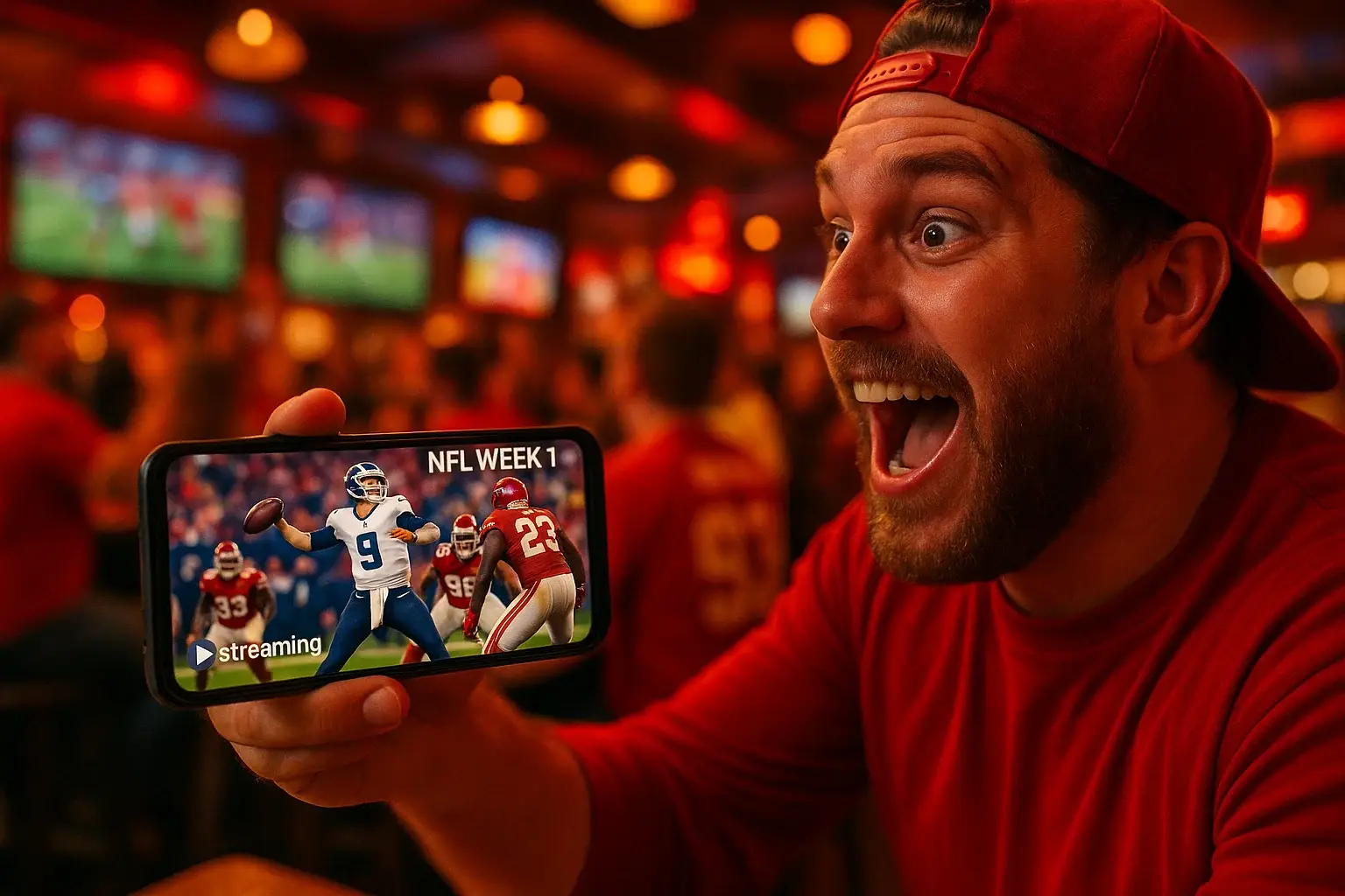 Sports fan streaming an NFL Week 1 game on a smartphone in a bustling sports bar with Streameast.