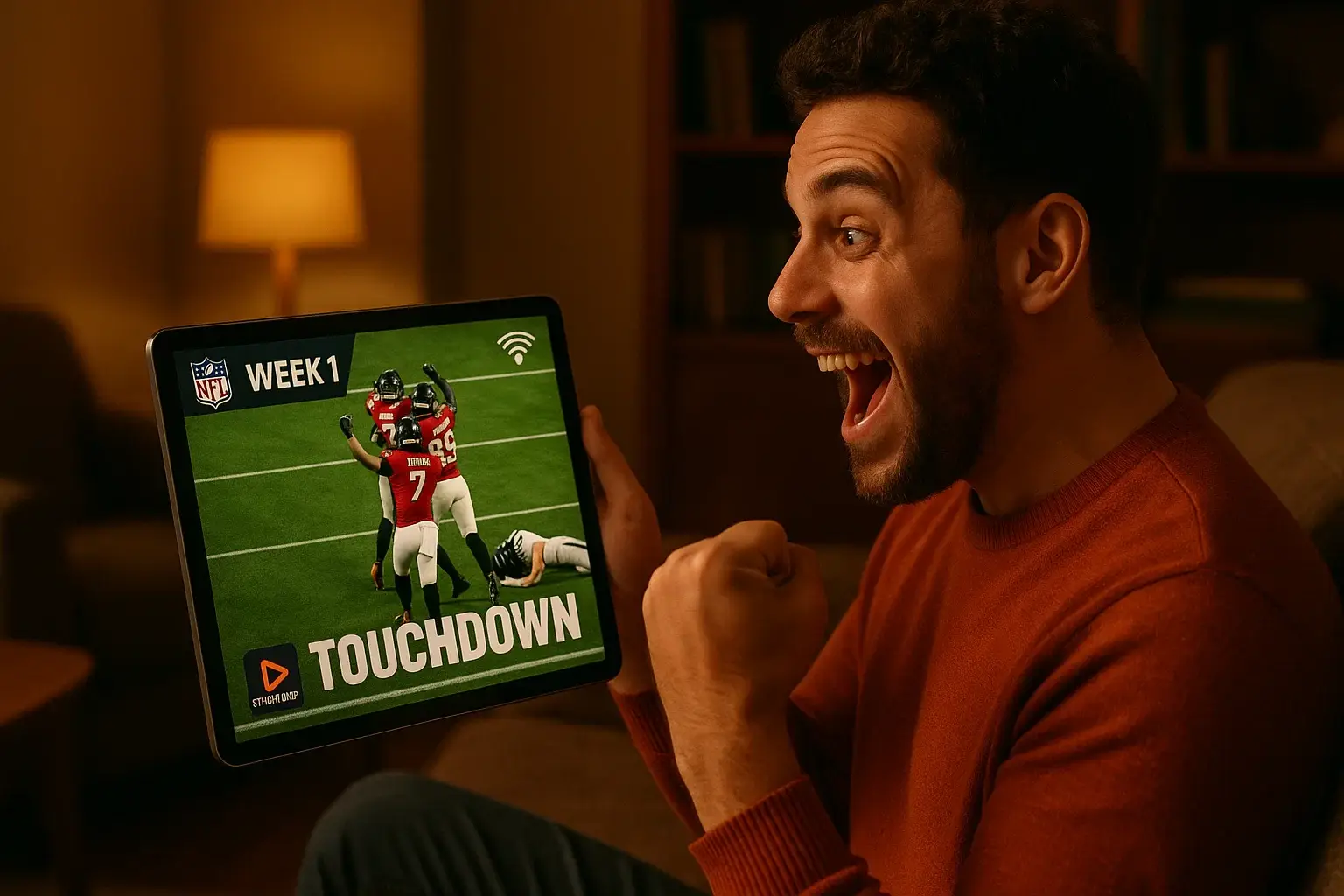 Football fan streaming an NFL Week 1 game on a tablet with Streameast in a cozy living room.