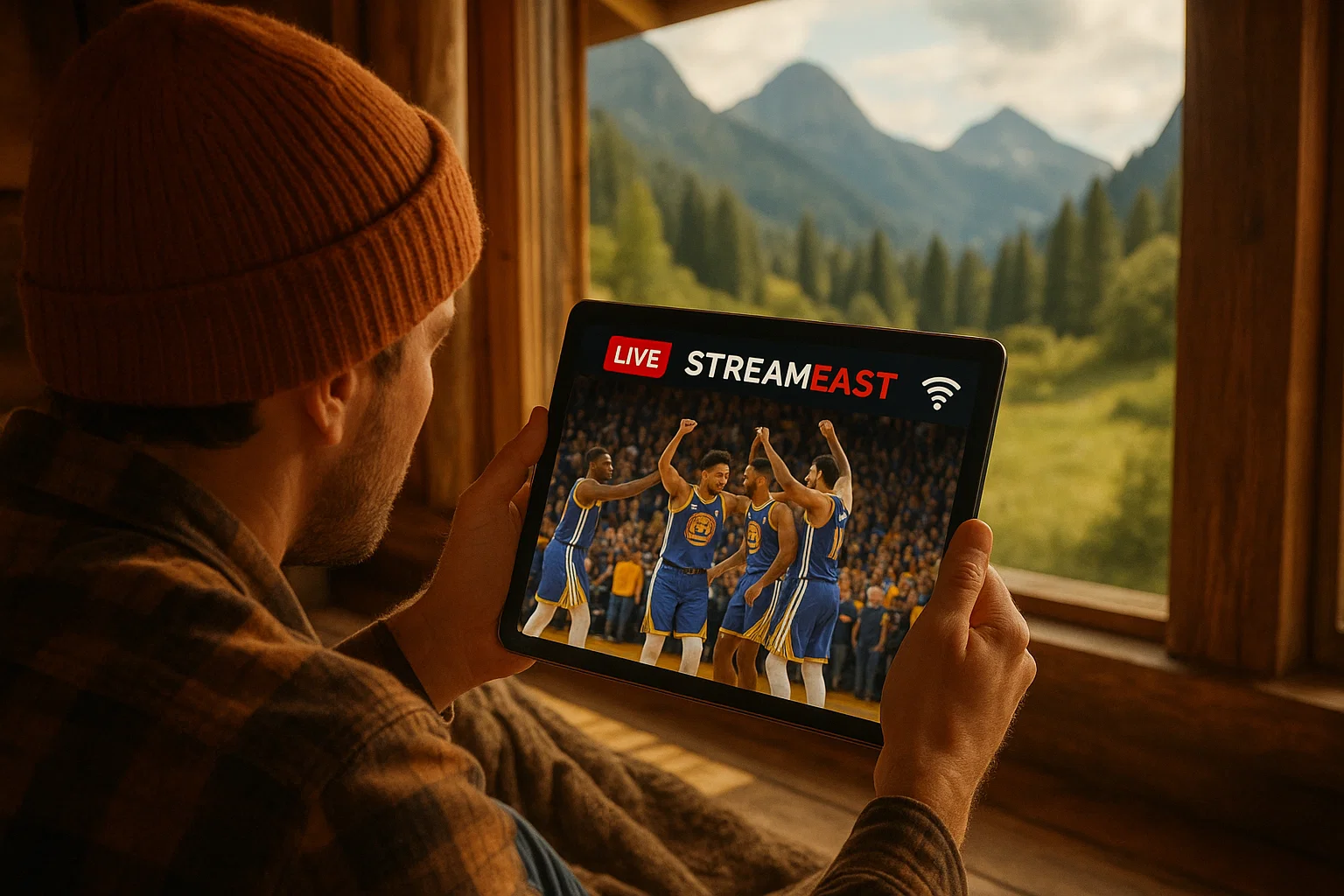 Football fan streaming an NBA game on a tablet with Streameast live in a cozy living room