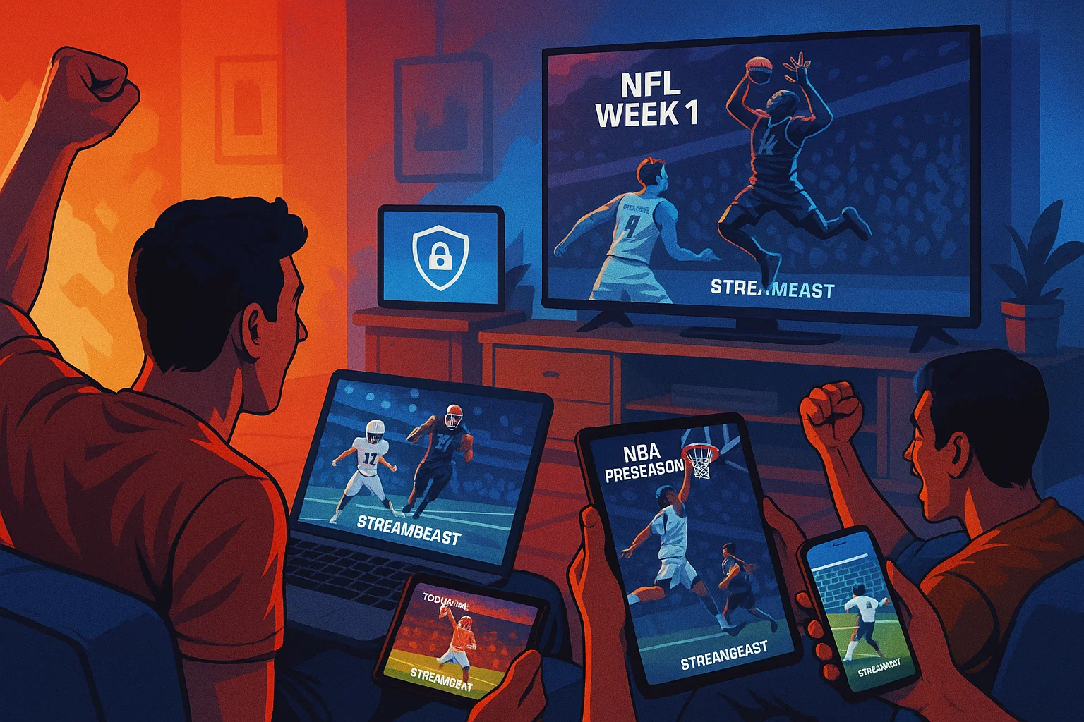 Fans streaming NFL Week 1 and NBA preseason shadow streams on devices in a vibrant living room.